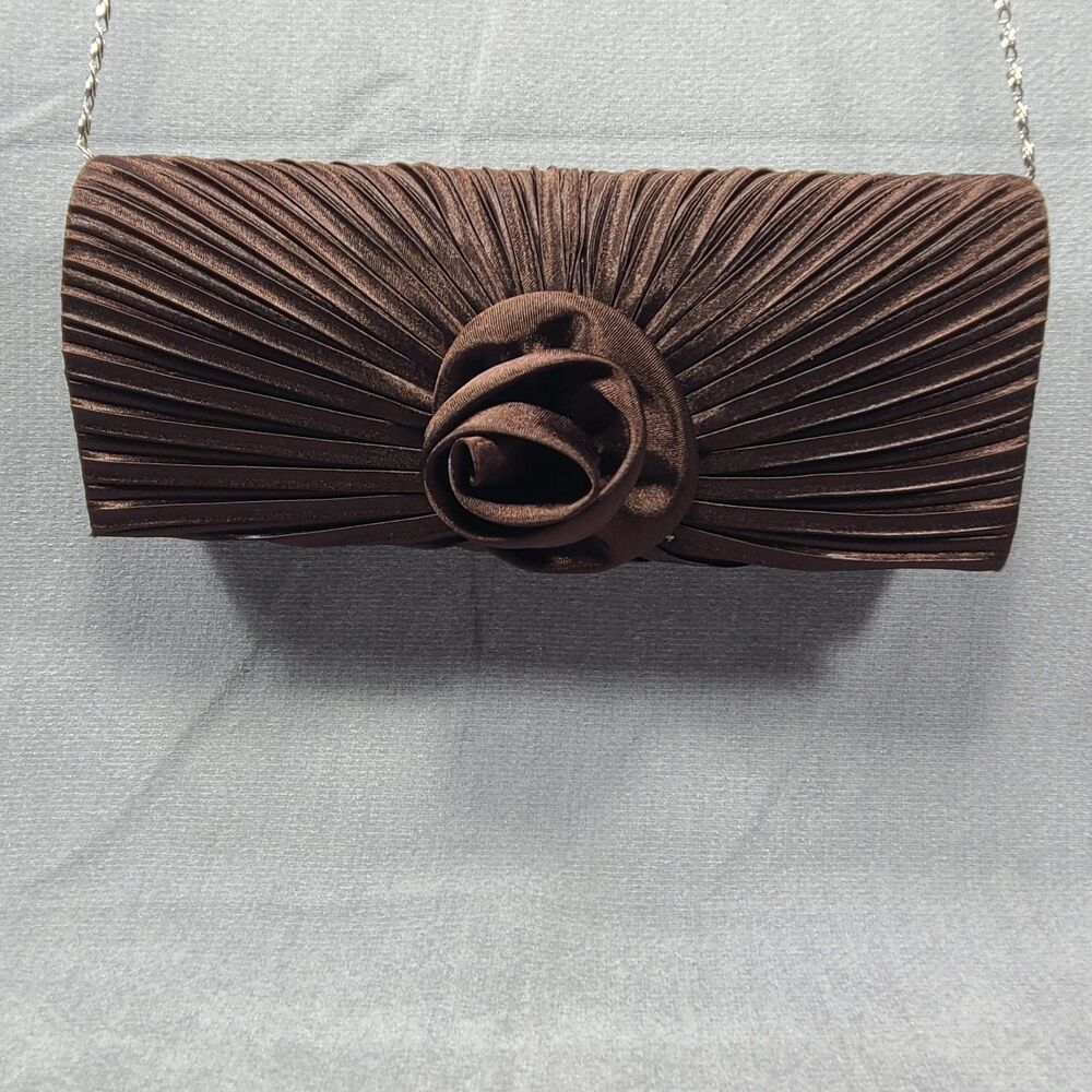 Elegant Classic Solid Brown Pleated Satin Clutch Evening Bag Handbag With Strap